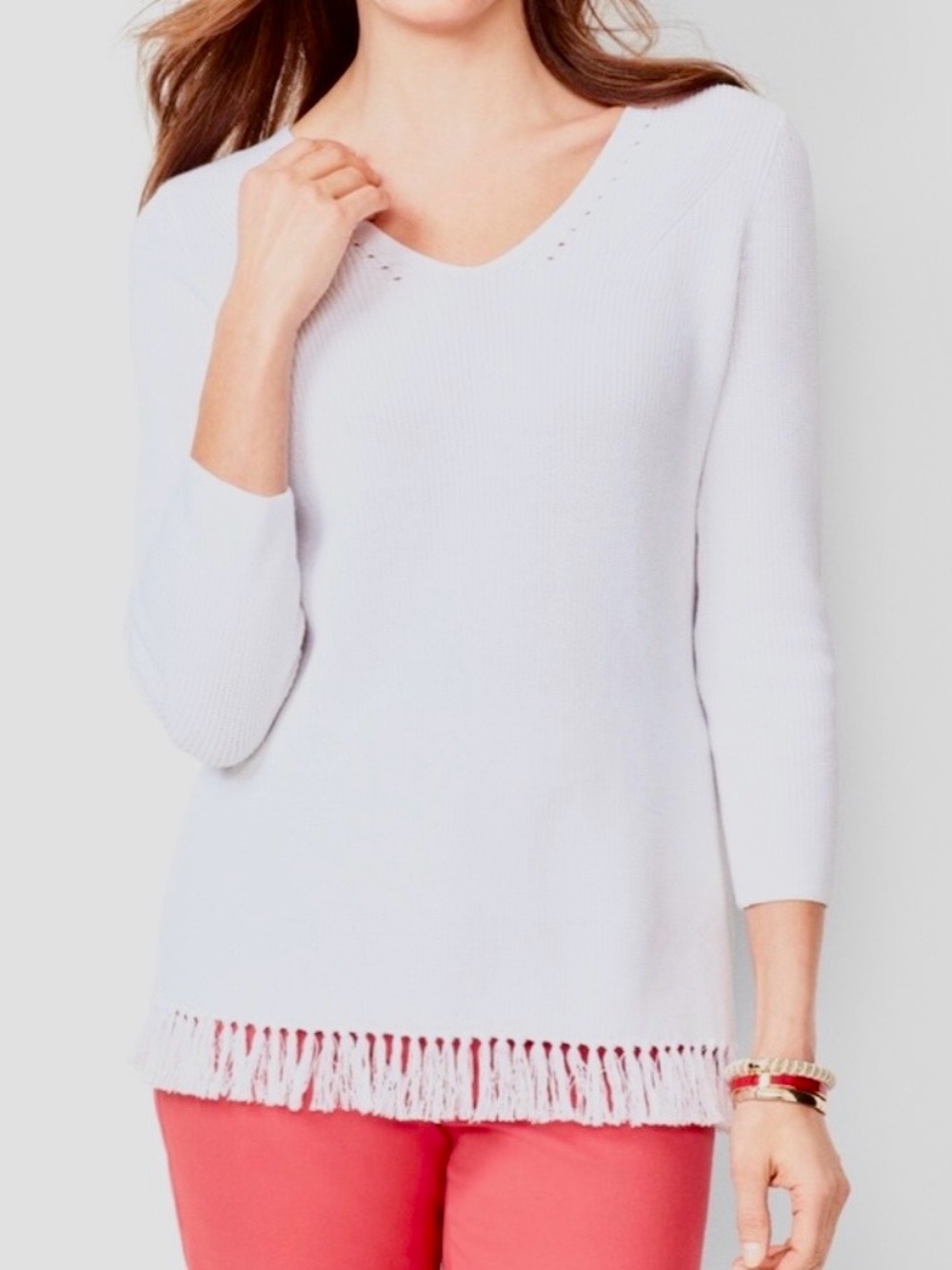 Talbots Whitw Knit Sweater with Rib Texture and Fringe